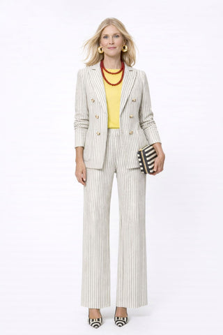 The Como high-rise wide-leg full length Italian seersucker striped stretch pant with curved front pockets and silver button detail