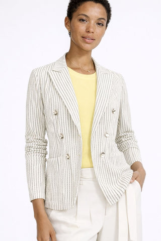 Lightweight breathable Italian seersucker striped blazer with stretch, tailored structure, and 3/4 sleeves