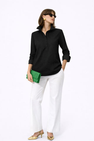 The Gabby Delphine stretch collared pop-over blouse shirt with structured collar, front button placket, and 3/4 sleeves