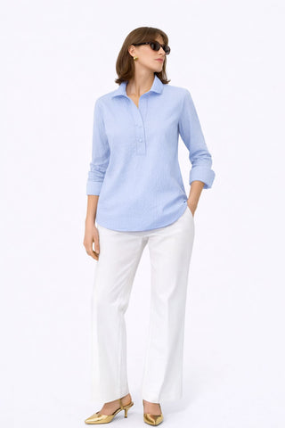 The Gabby Delphine stretch collared pop-over blouse shirt with structured collar, front button placket, and 3/4 sleeves