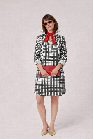 The Brittany striped stretch long sleeve collared pop-over dress with black Akoya buttons