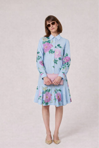The Galatea floral print cotton challis long sleeve collared button-down knee-length dress with coastal pinstripe detail and full front button closure