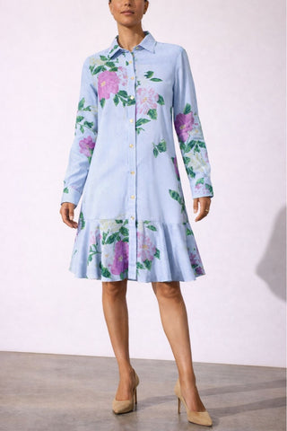 The Galatea floral print cotton challis long sleeve collared button-down knee-length dress with coastal pinstripe detail and full front button closure