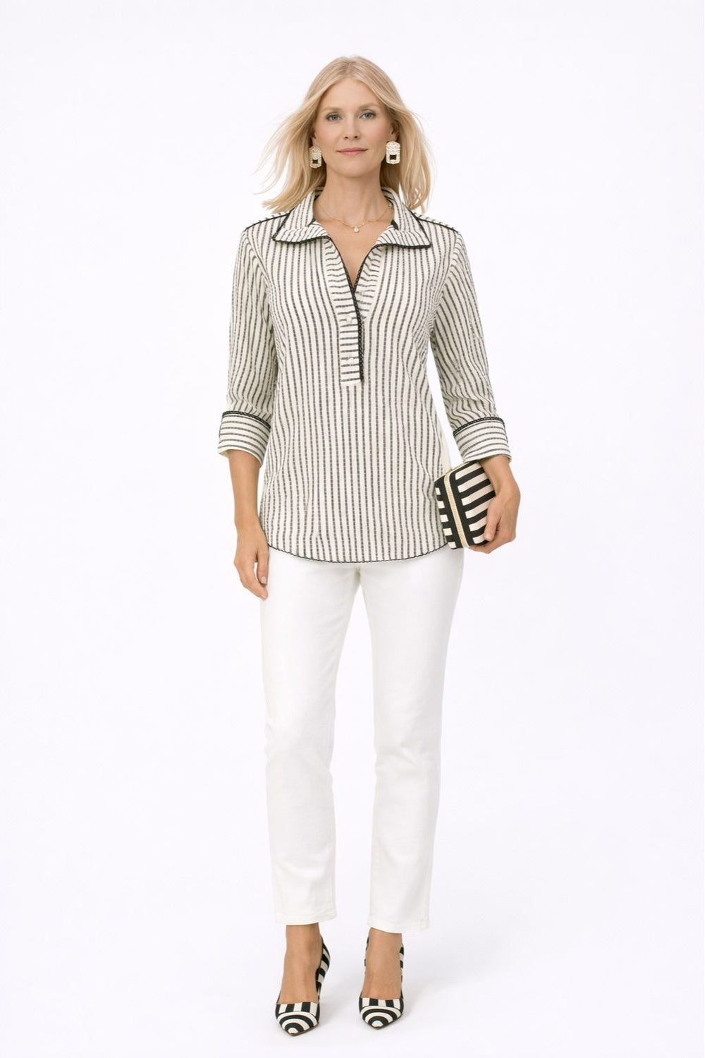 The Ravenna vertical striped collared pop-over tunic top with 3/4 sleeves, button cuffs, and relaxed polished silhouette