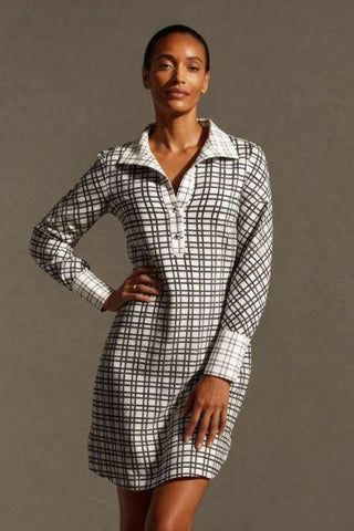 The Brittany striped stretch long sleeve collared pop-over dress with black Akoya buttons