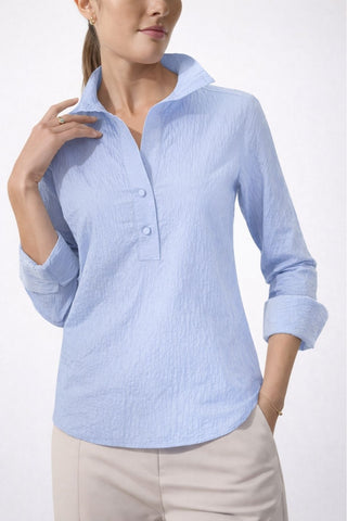 The Gabby Delphine stretch collared pop-over blouse shirt with structured collar, front button placket, and 3/4 sleeves