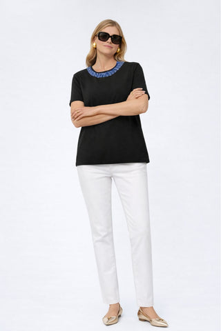 The Lorelei Stratus Cotton short sleeve crew neck sweater top with textured frayed twist trim neckline