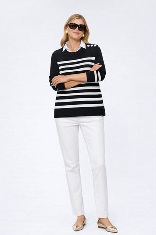 The Voyager nautical striped crew neck sweater top with fitted silhouette, 3/4 sleeves, and decorative shoulder button detailing