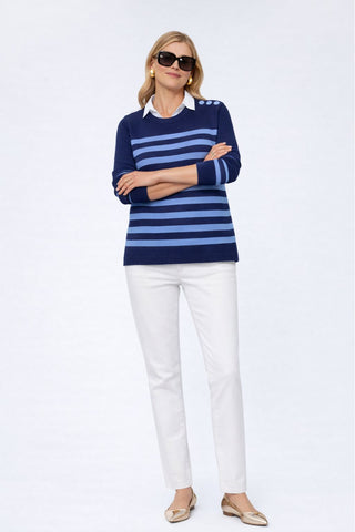 The Voyager nautical striped crew neck sweater top with fitted silhouette, 3/4 sleeves, and decorative shoulder button detailing