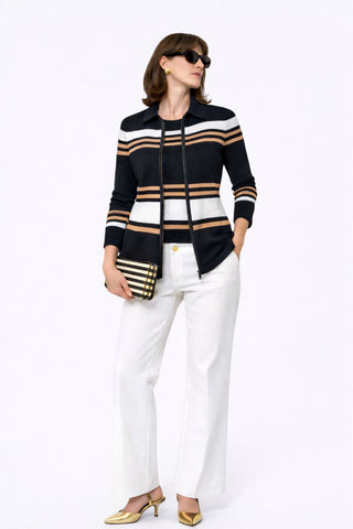 The Sirocco Stolen Softness striped zip-up cardigan jacket with collared neckline, fitted silhouette, and long sleeves