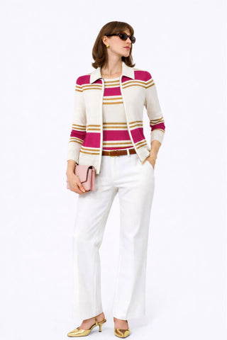 The Sirocco Stolen Softness striped zip-up cardigan jacket with collared neckline, fitted silhouette, and long sleeves