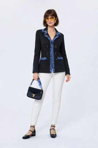 The Lorelei Stratus Cotton double-breasted tailored blazer jacket with long sleeves, structured front pockets, and frayed trim detail