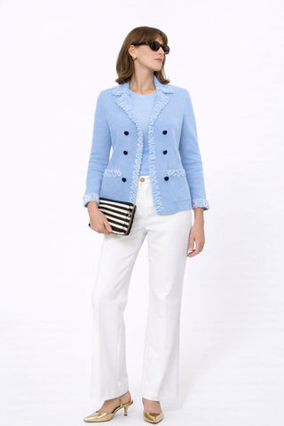 The Lorelei Stratus Cotton double-breasted tailored blazer jacket with long sleeves, structured front pockets, and frayed trim detail