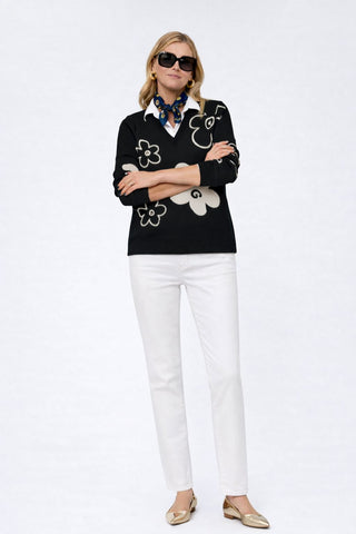 The Cyrene Stolen Softness collared V-neck long sleeve sweater top with floral geometric motif pattern and relaxed neckline