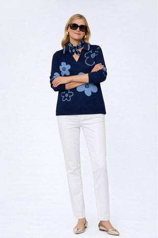 The Cyrene Stolen Softness collared V-neck long sleeve sweater top with floral geometric motif pattern and relaxed neckline