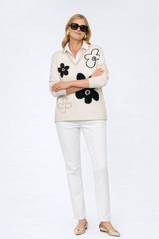 The Cyrene Stolen Softness collared V-neck long sleeve sweater top with floral geometric motif pattern and relaxed neckline