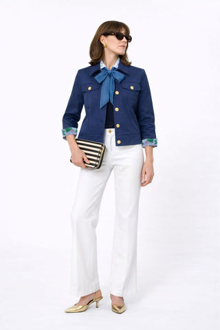 The Lisa Astra fabric stretch collared long sleeve jacket with vibrant floral print, front button closure, and front pocket details