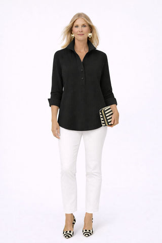 The Gabby Delphine stretch collared pop-over blouse shirt with structured collar, front button placket, and 3/4 sleeves