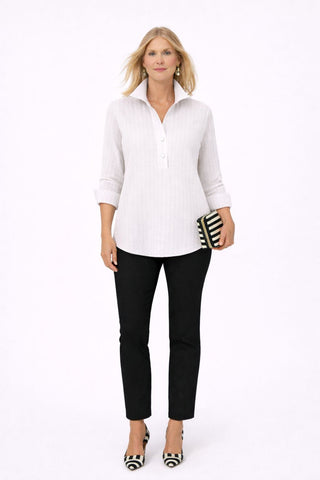 The Gabby Delphine stretch collared pop-over blouse shirt with structured collar, front button placket, and 3/4 sleeves