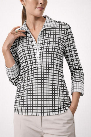The Gabby Odyssey Check stretch pop-over tunic blouse with textured bubble fabric, collared neckline, long sleeves, front placket, and black Akoya cuff buttons