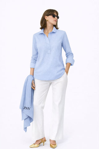 The Gabby Delphine stretch collared pop-over blouse shirt with structured collar, front button placket, and 3/4 sleeves