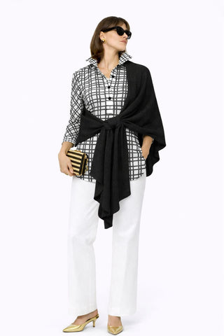 The Gabby Odyssey Check stretch pop-over tunic blouse with textured bubble fabric, collared neckline, long sleeves, front placket, and black Akoya cuff buttons