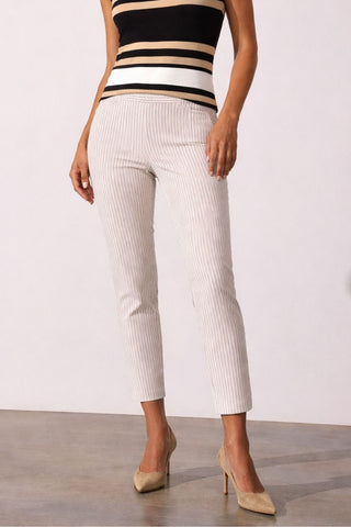 The Matera striped Calypso seersucker pull-on straight leg ankle pant with elastic waistband and lightweight textured finish