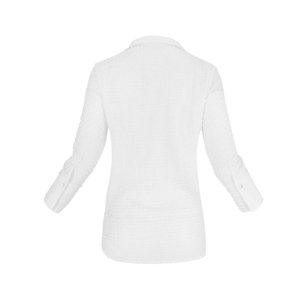 The Gabby Odyssey Check stretch pop-over tunic blouse with textured bubble fabric, collared neckline, long sleeves, front placket, and black Akoya cuff buttons