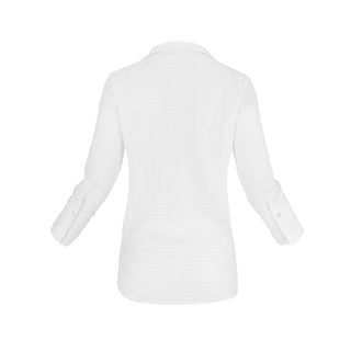 The Gabby Odyssey Check stretch pop-over tunic blouse with textured bubble fabric, collared neckline, long sleeves, front placket, and black Akoya cuff buttons