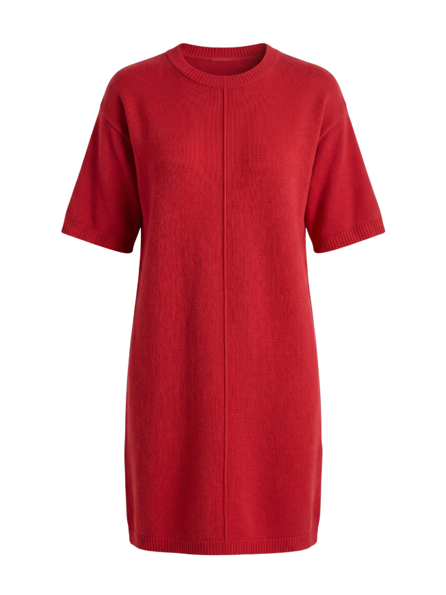 The Vicenza red knit shift dress with a crew neckline, elbow sleeves, and knee-length silhouette, front view.