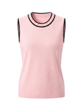 The Roanne sleeveless cotton crew-neck knit top featuring contrast varsity-inspired tipping along the neckline and armholes.