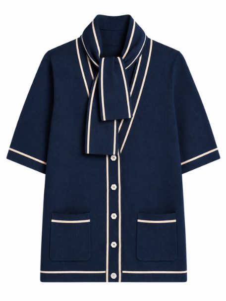 Close-up of The Genoa cotton knit cardigan's romantic tie-neck collar and contrast piping details.