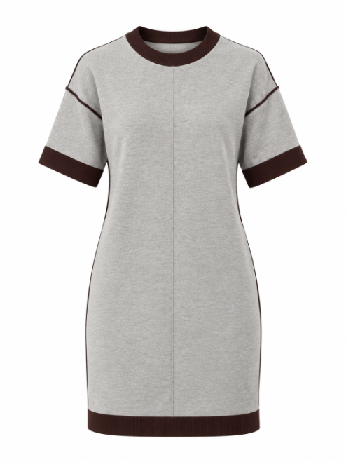 The Vicenza knit shift dress with a crew neckline, elbow sleeves, and knee-length silhouette, front view.