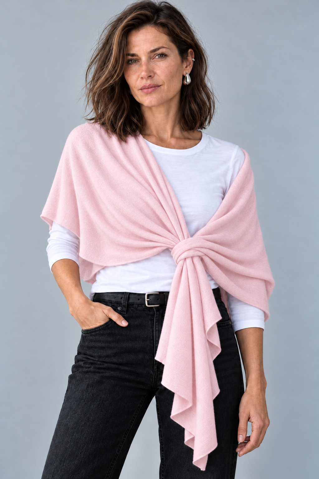 The Rachel Wrap in Pale Pink, worn knotted over a white tee