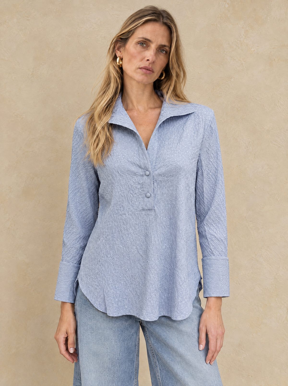 The Delphine Blouse in Chambray, front