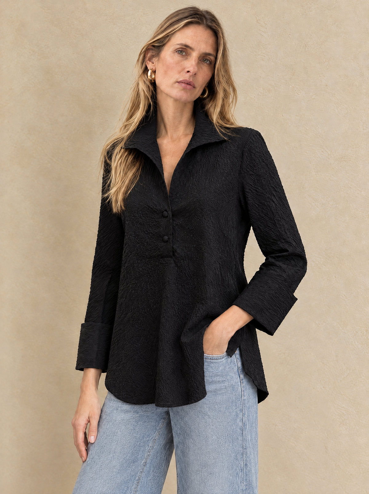 The Delphine Blouse in Black, three-quarter view