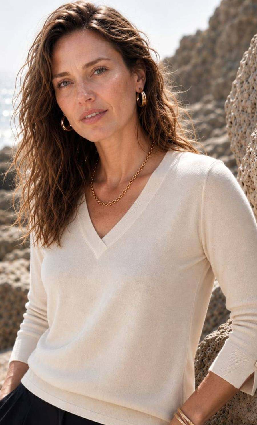 An ivory Airsilk V-neck sweater