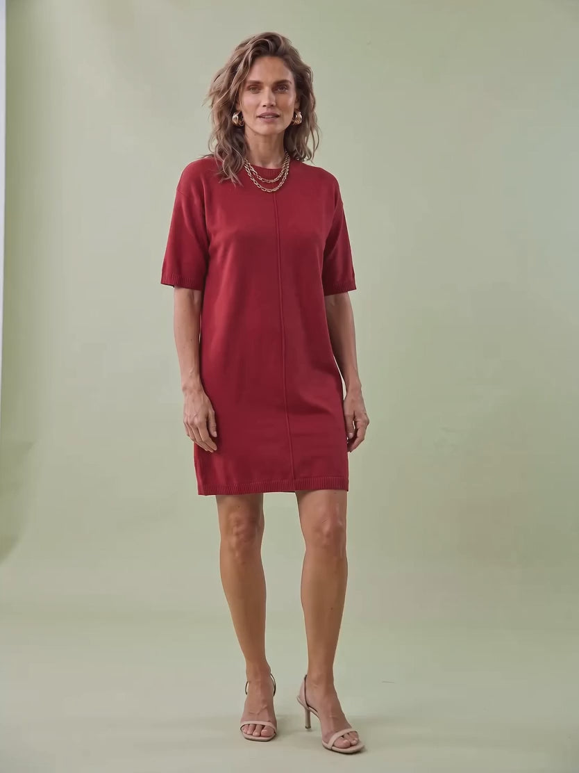 The Vicenza knit shift dress with a crew neckline, elbow sleeves, and knee-length silhouette, front view.